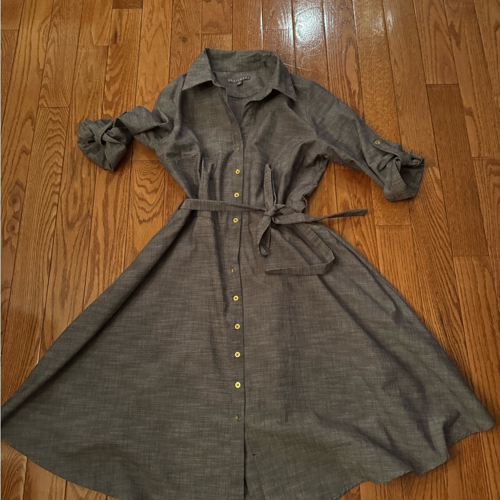 Button-Front Gray Shirt Dress with Waist Tie